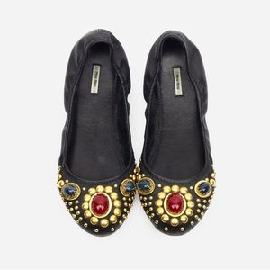 MIU MIU: Black Leather Embellished Ballet Flats